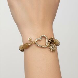 Golden Yellow Bee Beaded Bracelet with Heart Clasp, Sun Charm & Citrine Beads